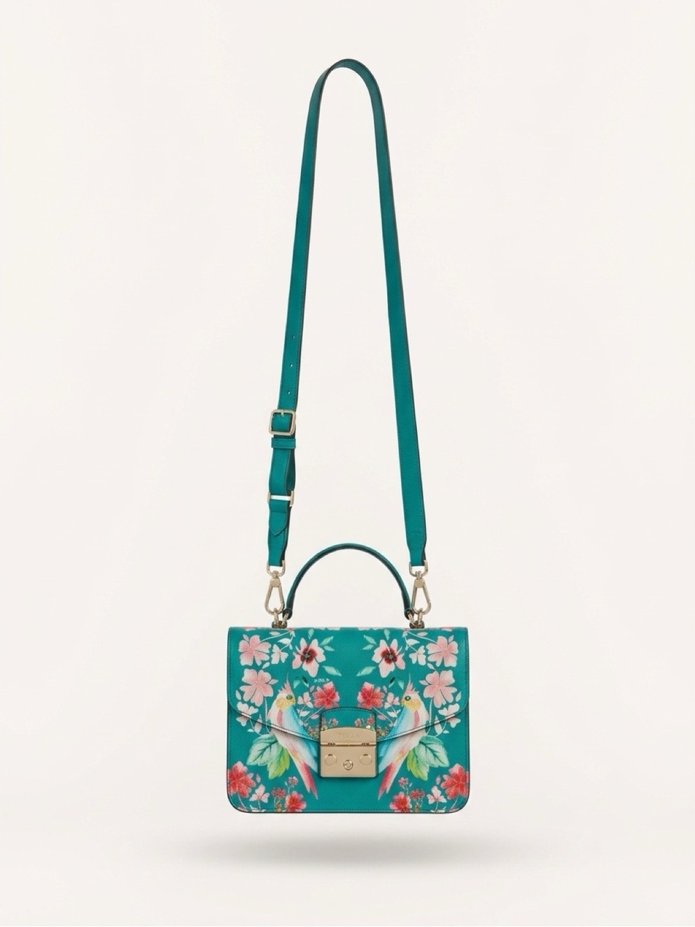 Furla Teal Floral Crossbody Satchel with Gold Hardware